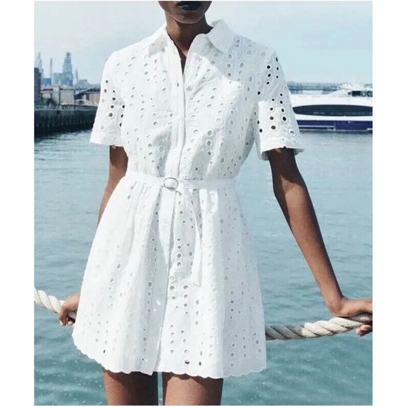 Zara Dresses & Skirts - Zara Eyelet Shirt Dress medium White New Belted Scalloped Mini Embroidery